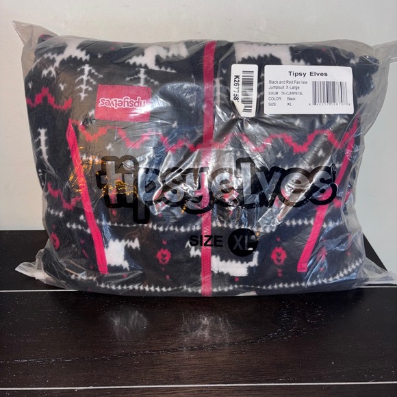 Tipsy Elves | Mens XL | Fair Isle Hooded Onesie Pajamas | Red Black Hooded - Picture 9 of 11